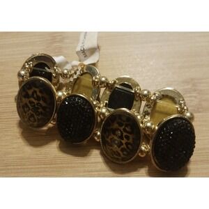 NEW French Connection Call of the Wild Oval Cheetah & Black Gem Stretch Bracelet
